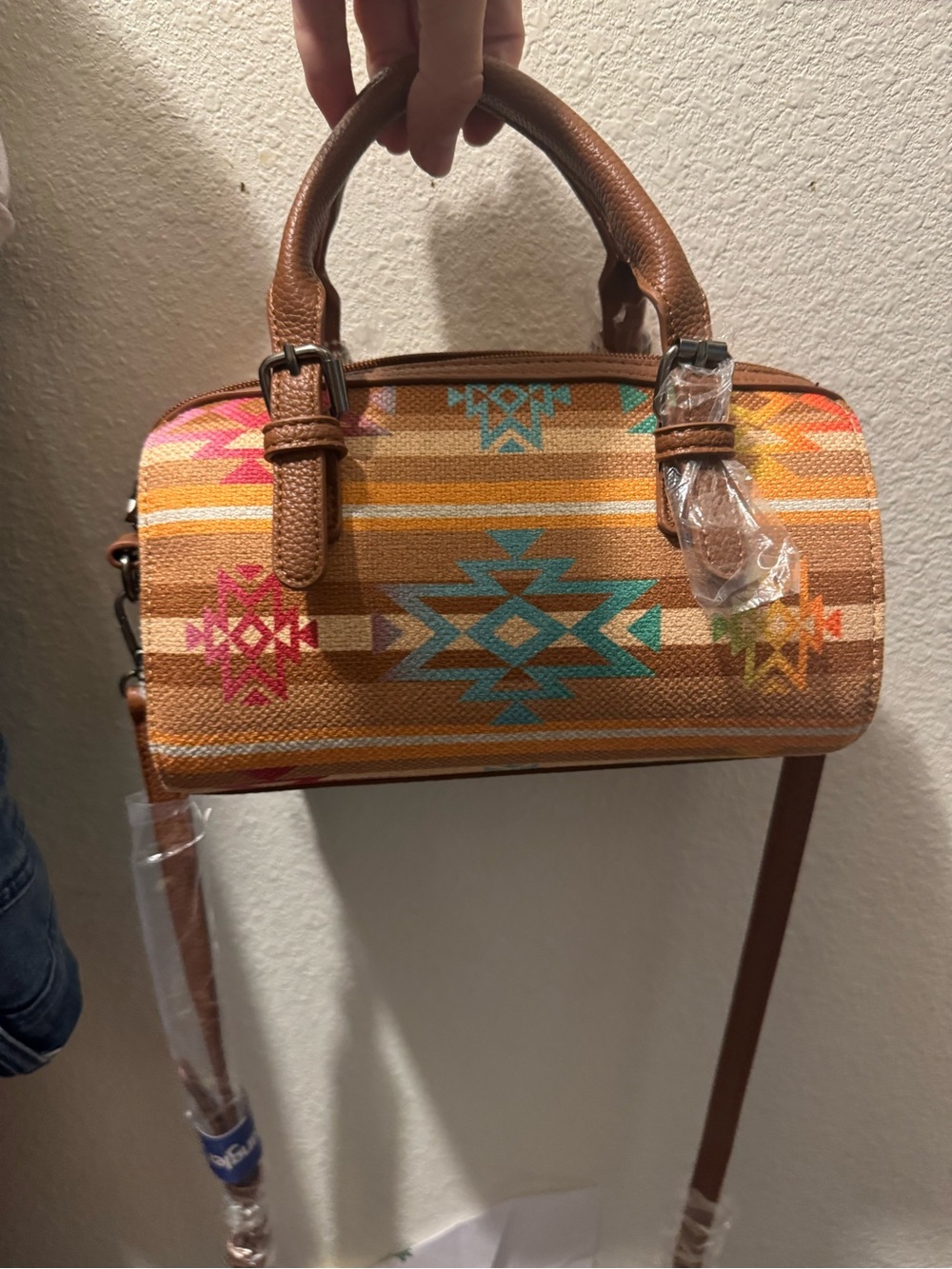 Wrangler Tan Crossbody with Turquoise & Pink Aztec Accent - Picture 4 of 13